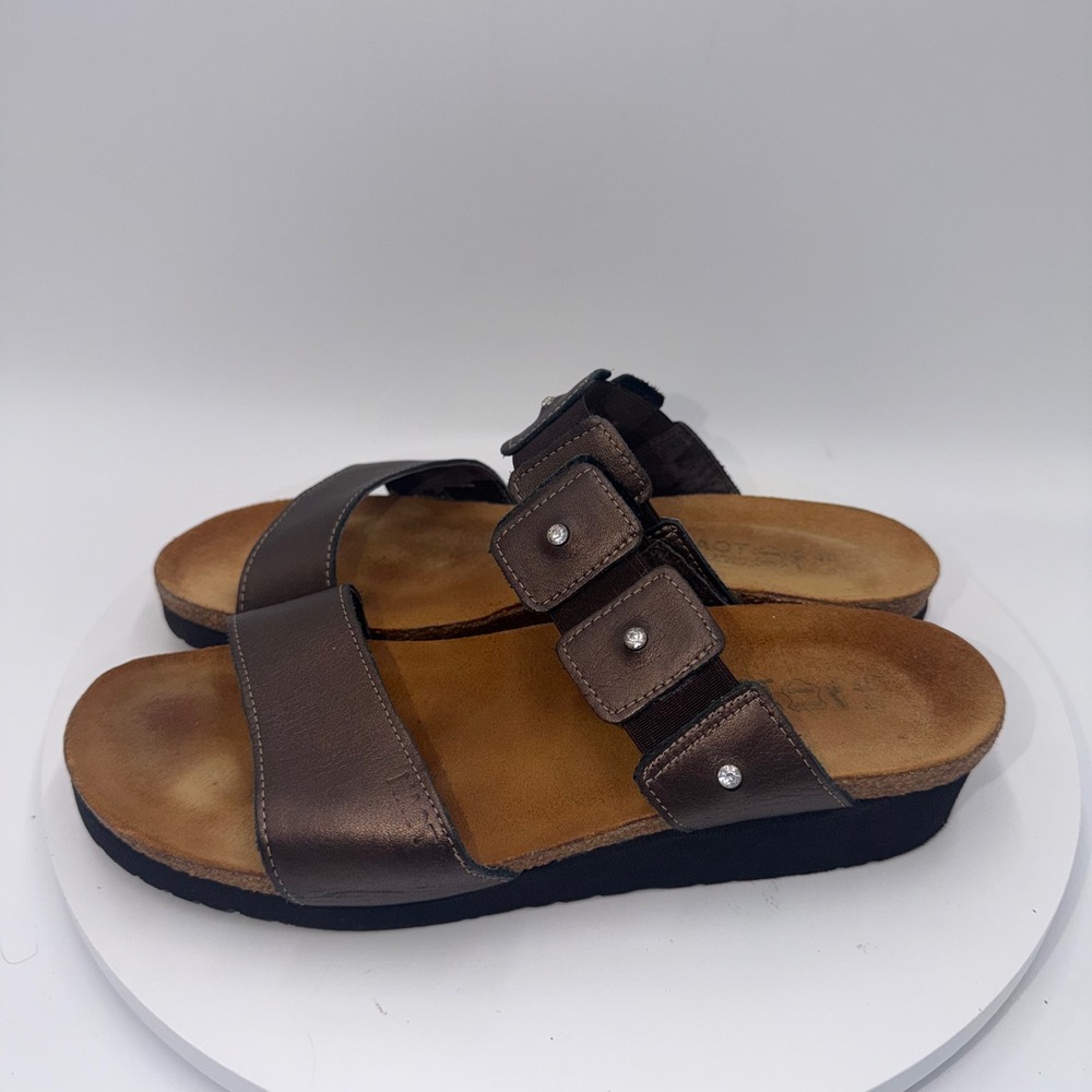 Naot Ashley Women Bronze Metallic Leather Rhinestone Slide Sandals Size 40